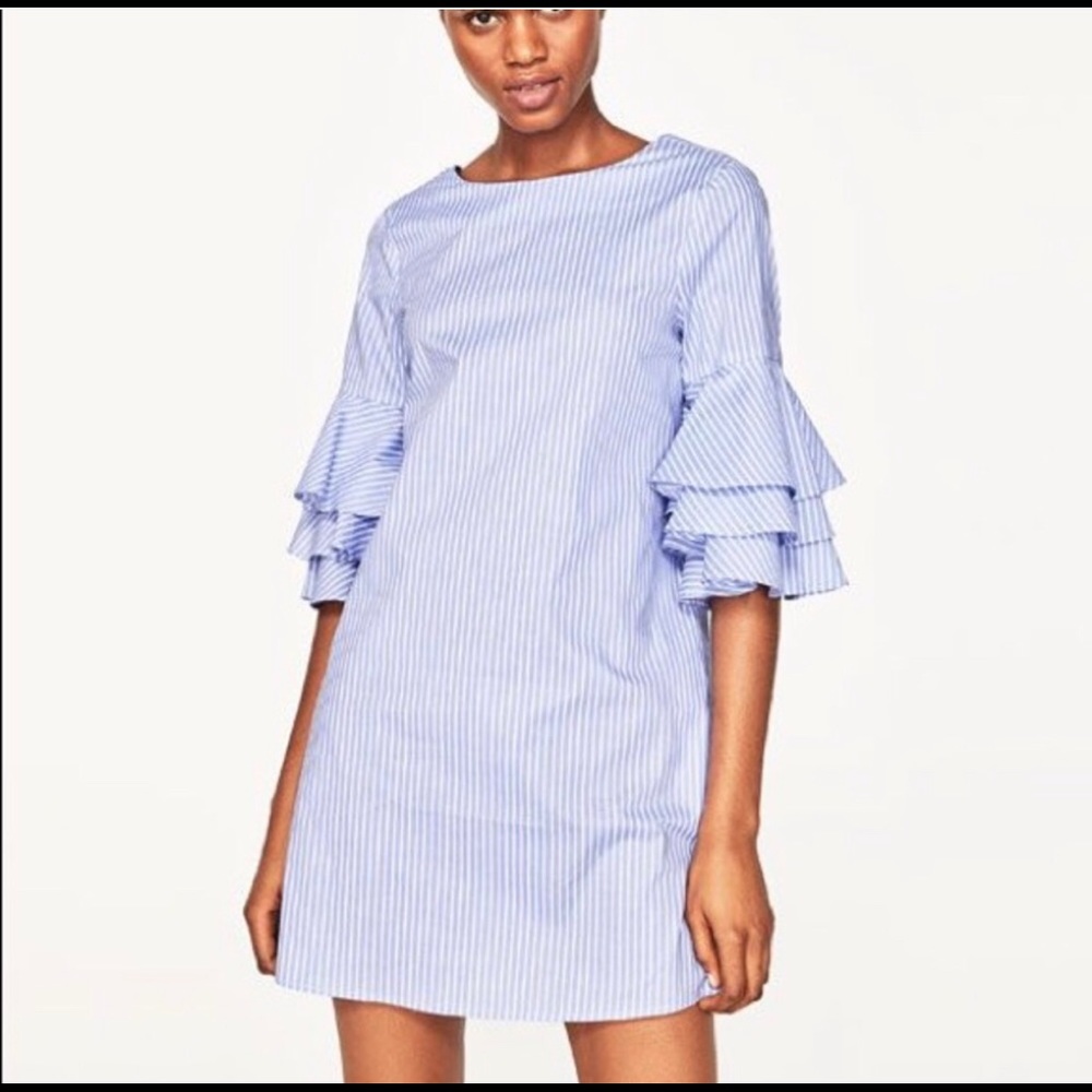 Zara Blue and White Striped Ruffle Dress
